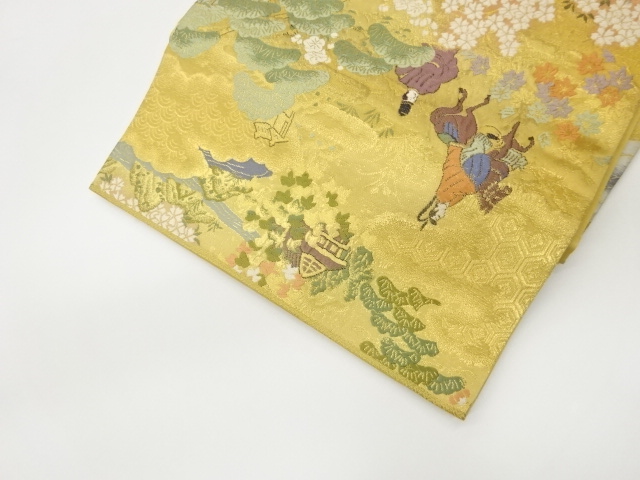  木々に屋敷・人物模様織出し全通袋帯